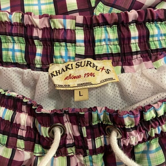⭐4 FOR $20⭐ Khaki Surplus Mens Purple Plaid Large Swim Trunks - Picture 3 of 3